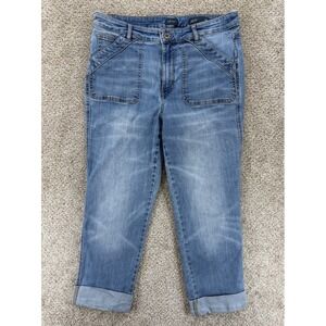 J. Jill High Rise Straight Leg Jeans Women's 12P Blue Rolled Cuff Patch Pockets